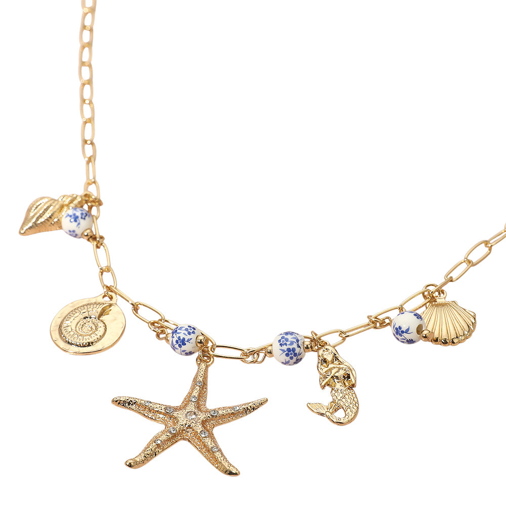 iLLASPARKZ 18K Gold Dipped Textured Metal Starfish Mermaid Seashell Charm Station Floral Ceramic Ball Beaded Paperclip Chain Necklace