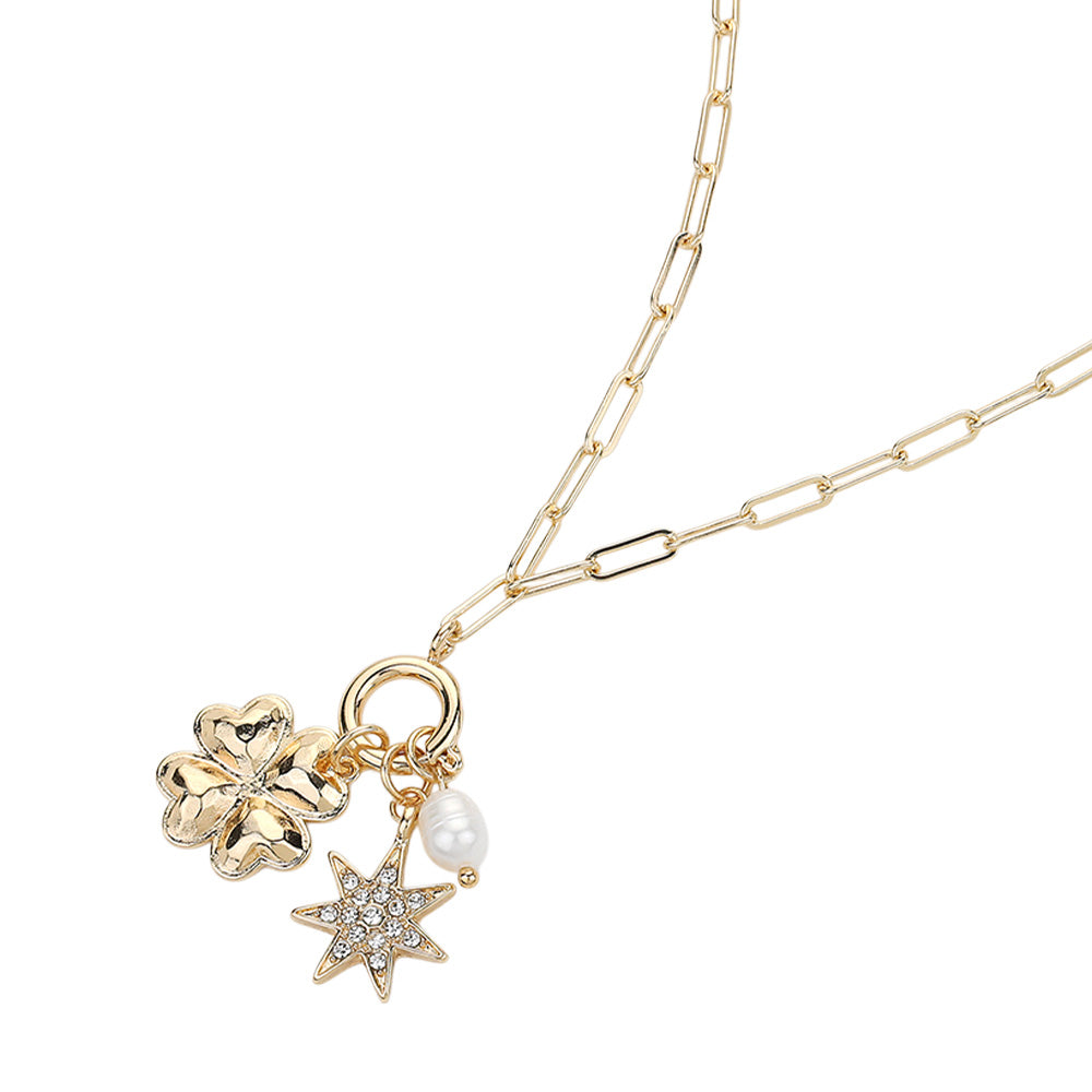 iLLASPARKZ Metal Closter Pearl Stone Paved Spike Charm Pendant Paperclip Chain Necklace