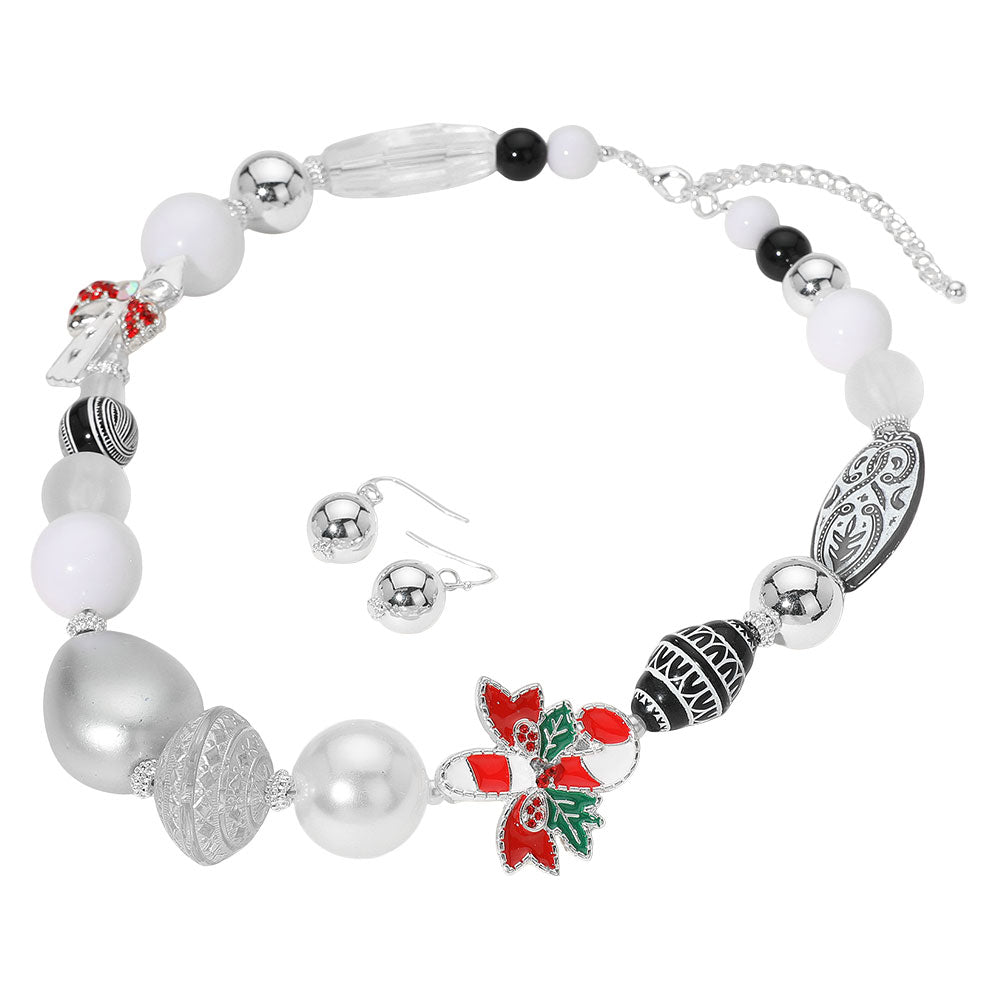 iLLASPARKZ Stone Detailed Enamel Christmas Bow Candy Cane Charm Peal Engraved Beaded Necklace