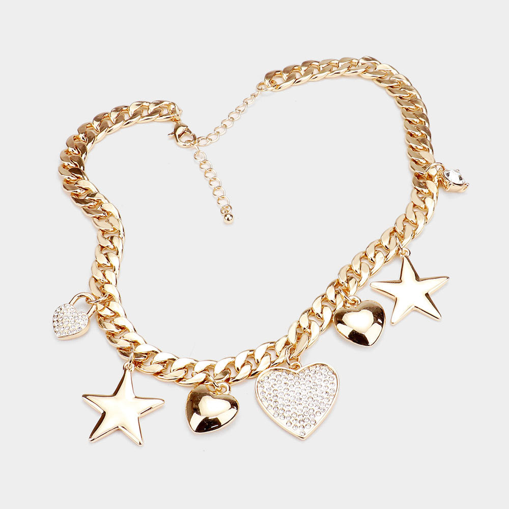 iLLASPARKZ Rhinestone Embellished Heart Lock Metal Star Station Necklace