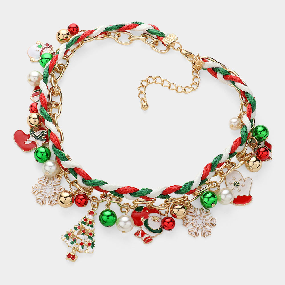 iLLASPARKZ Enamel Christmas Charm Bell Embellished Chain Braided Layered Necklace