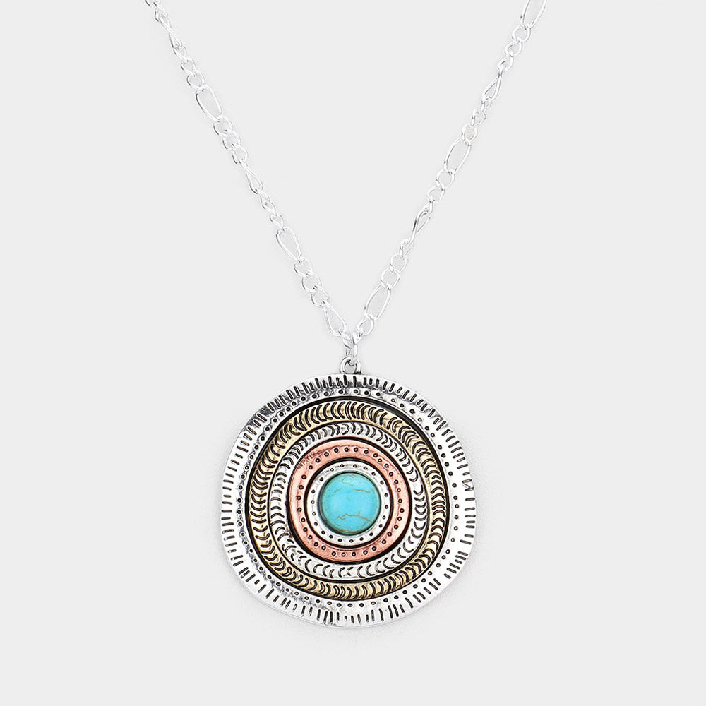 iLLASPARKZ Turquoise Centered Irregular Metal Round Pendant Necklace