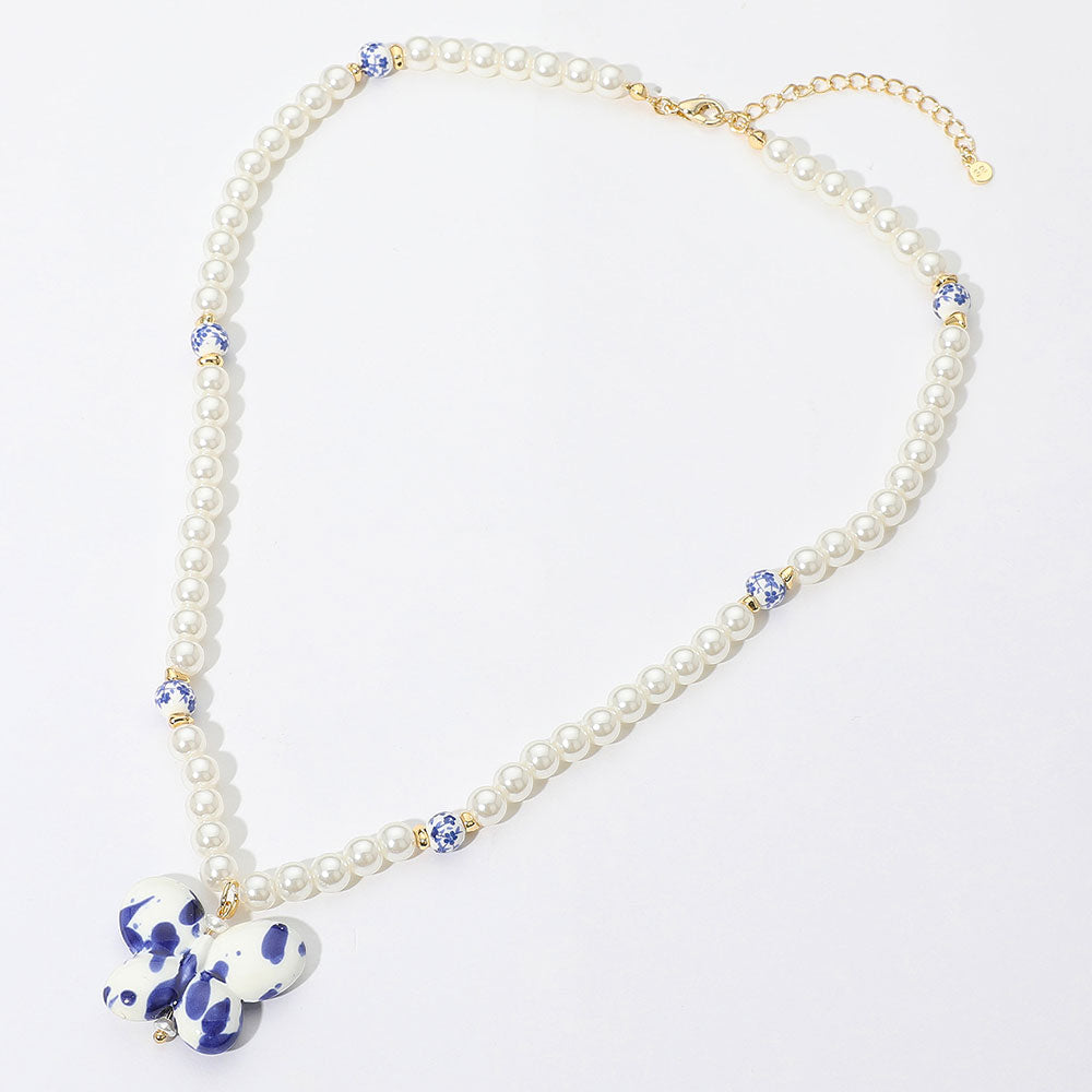 iLLASPARKZ SECRET BOX_14K Gold Dipped Floral Ceramic Ball Pearl Beaded Butterfly Pendant Necklace