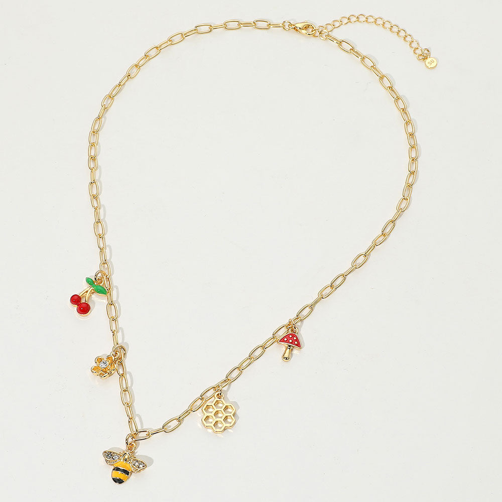 iLLASPARKZ SECRET BOX_14k Gold Dipped Honey Bee Honey Comb Cherry Flower Mushroom Charm Station Paperclip Chain Necklace