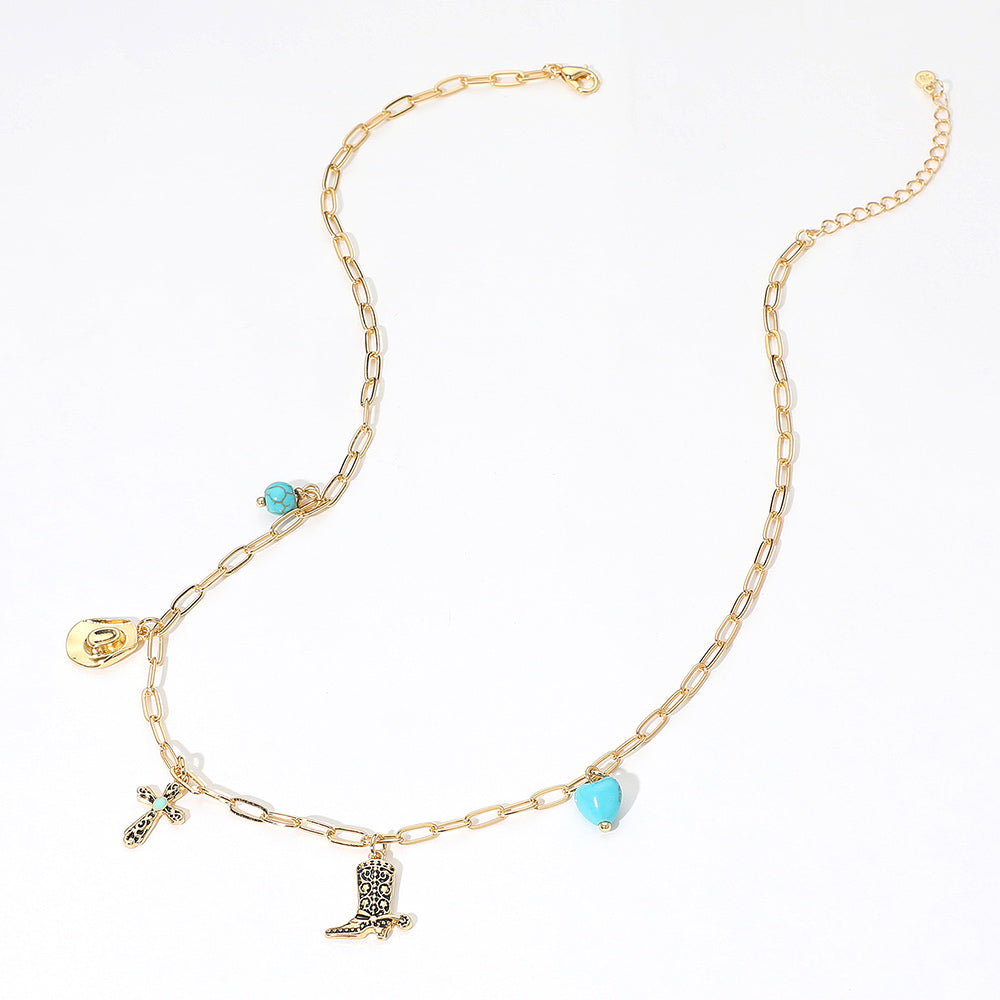 iLLASPARKZ SECRET BOX_14K Gold Dipped Western Hat Boot Cross Turquoise Heart Stone Charm Station Paperclip Chain Necklace