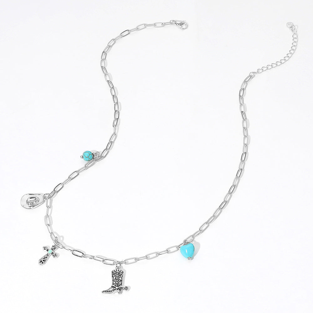 iLLASPARKZ SECRET BOX_Sterling Silver Dipped Western Hat Boot Cross Turquoise Heart Stone Charm Station Paperclip Chain Necklace