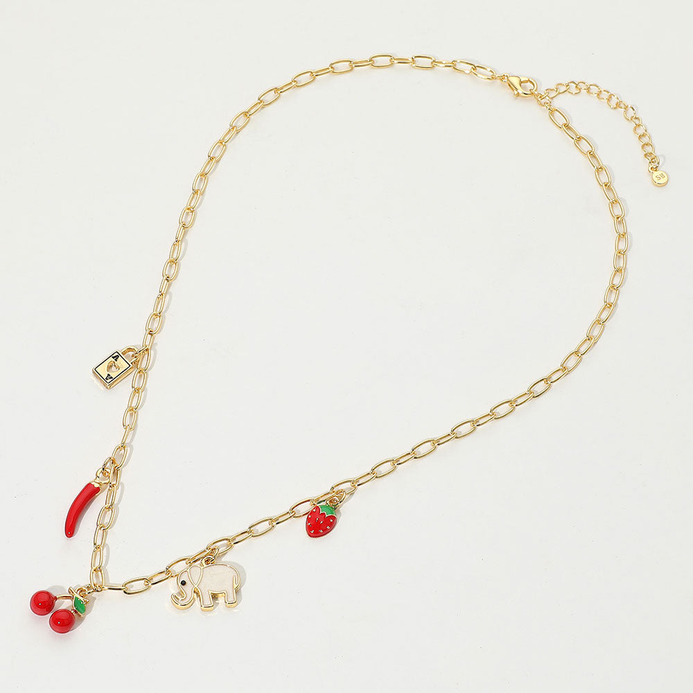 iLLASPARKZ SECET BOX_14K Gold Dipped Cherry Elephant Chili Strawberry Lock Charm Station Paperclip Chain Necklace