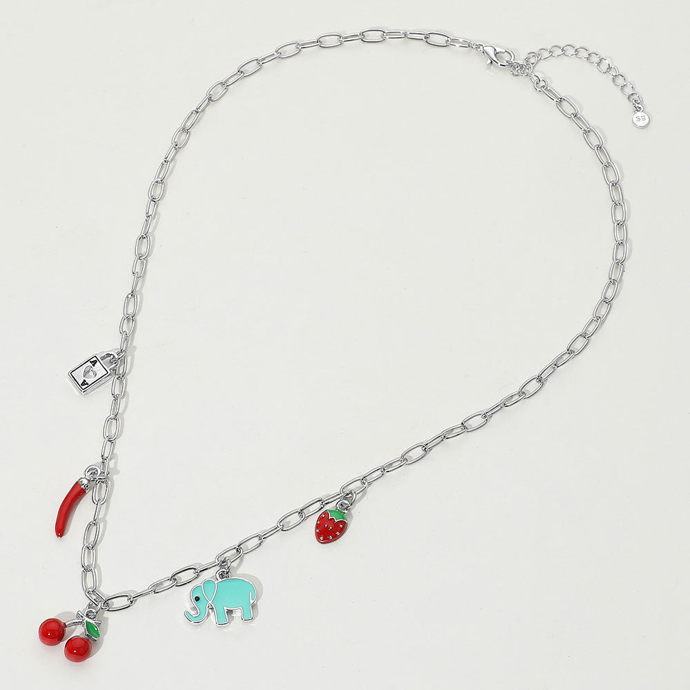 iLLASPARKZ SECET BOX_Sterling Silver Dipped Cherry Elephant Chili Strawberry Lock Charm Station Paperclip Chain Necklace
