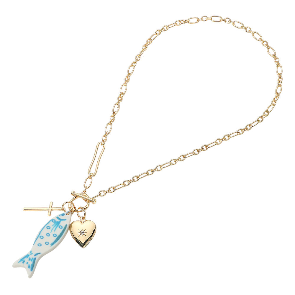 iLLASPARKZ SECRET BOX_Genuine Gold Dipped Ceramic Fish Metal Cross Heart Charm Pendant Necklace