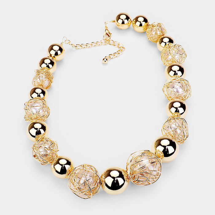 iLLASPARKZ Wire Wrap Pearl Metal Ball Statement Necklace