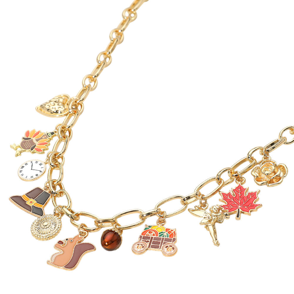 iLLASPARKZ Enamel Squirrel Turkey Maple Leaf Hat Clock Metal Heart Flower Angel Charm Station Necklace
