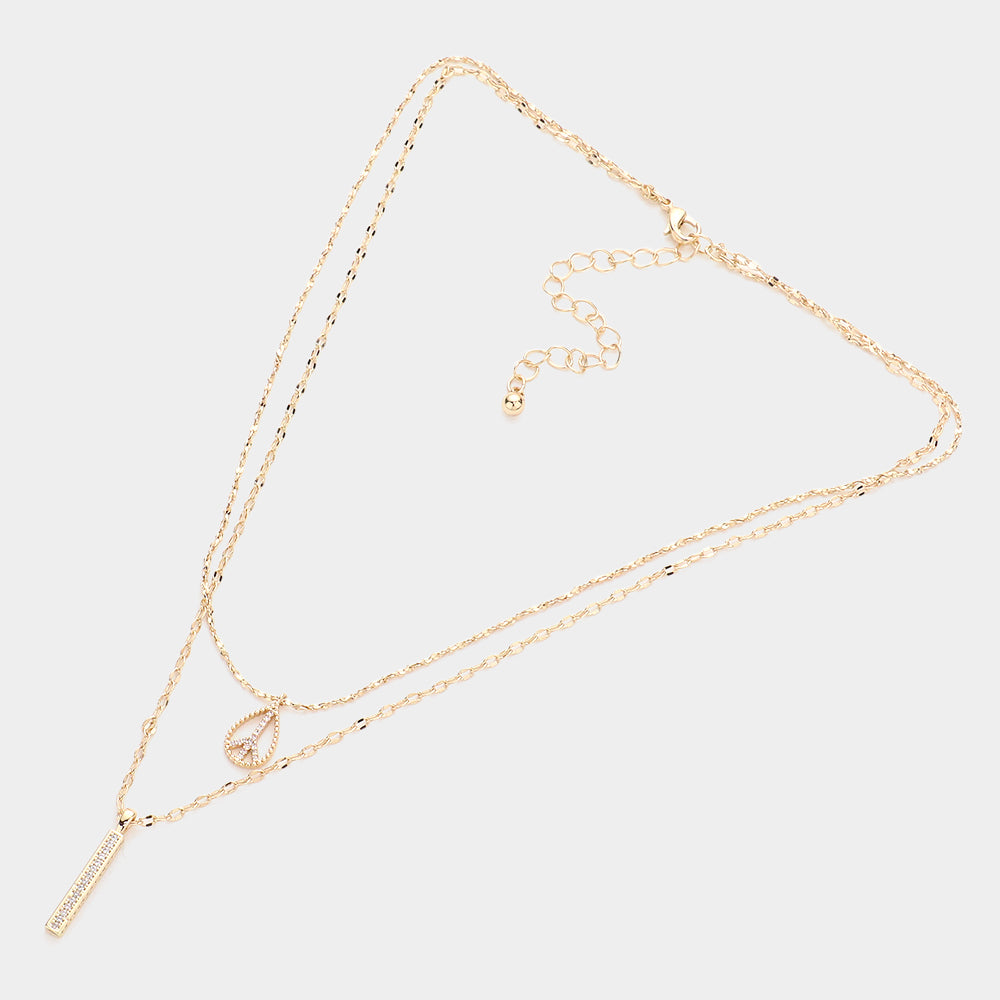 iLLASPARKZ Secret Box _ Rhinestone Peace Sign Bar Pendant Double Layered Necklace