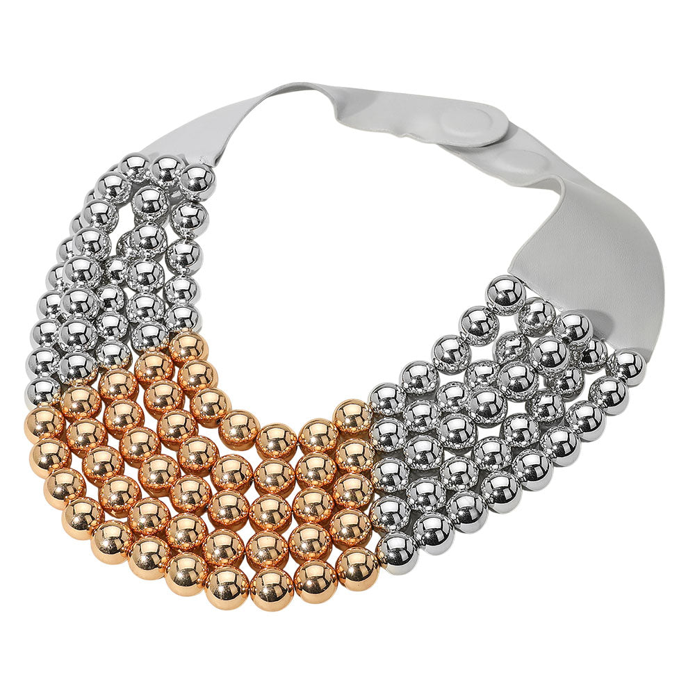 iLLASPARKZ Chunky Two Tone Metal Ball Beaded Multi Layered Faux Leather Magnetic Necklace