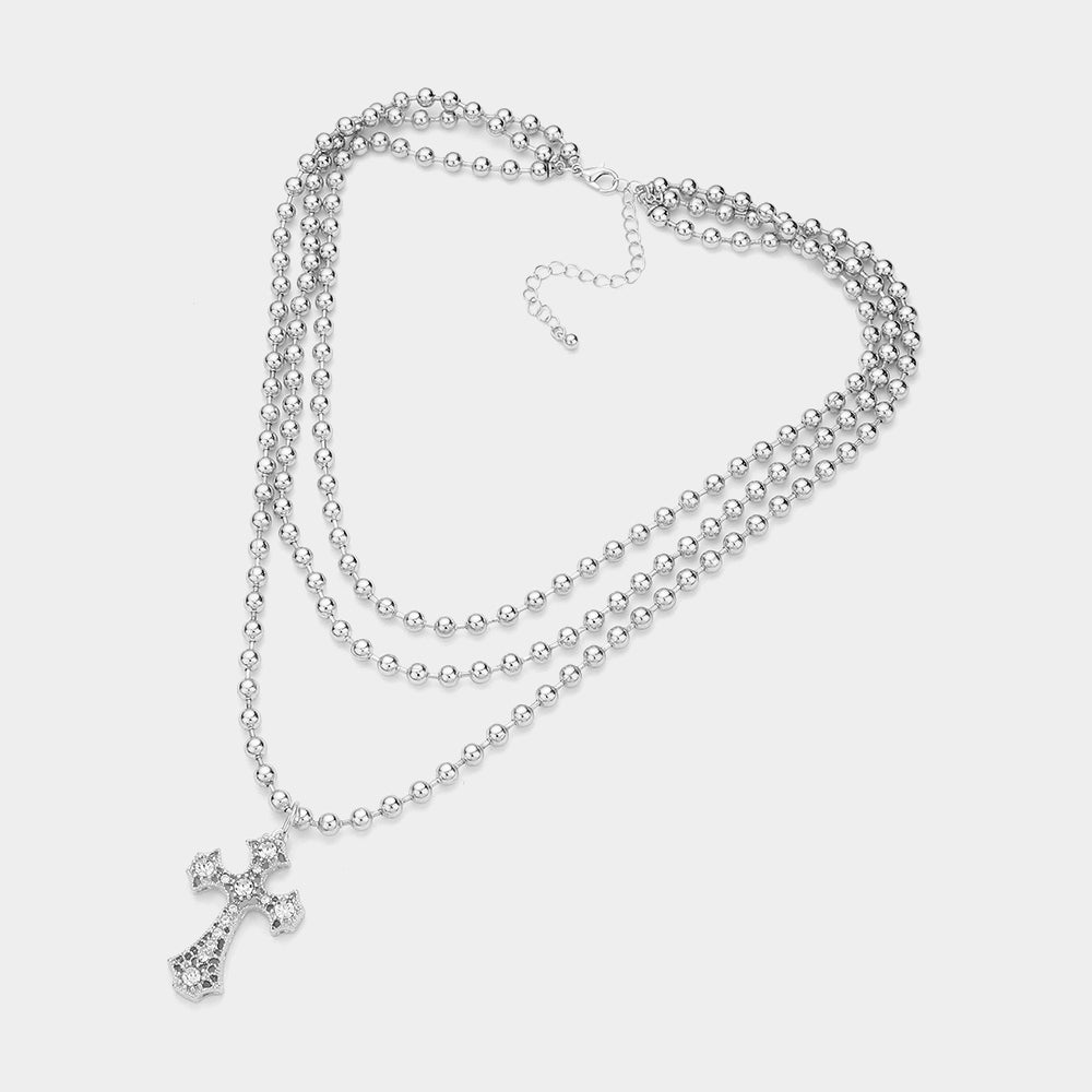 iLLASPARKZ SECRET BOX_Stone Pointed Cross Pendant Bubble Chain Triple Layered Necklace