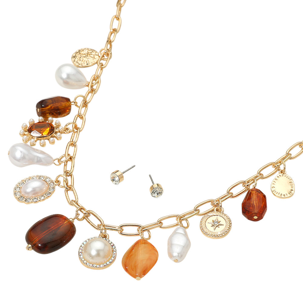 iLLASPARKZ Resin Pebble Pearl Metal Medal Charm Station Necklace