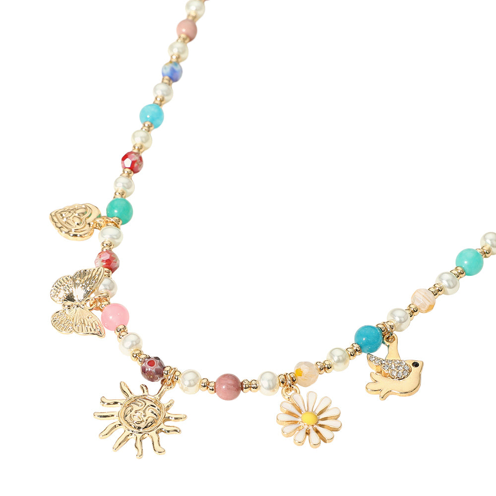 iLLASPARKZ Sun Flower Butterfly Heart Bird Charm Station Pearl Beaded Necklace