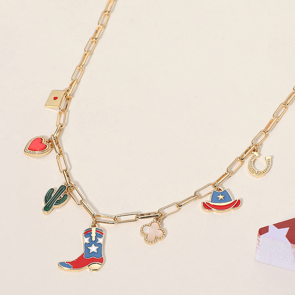 iLLASPARKZ Enamel American USA Flag Western Cowboy Boot Hat Cactus Heart Quatrefoil Horseshoe Charm Station Paperclip Chain Necklace