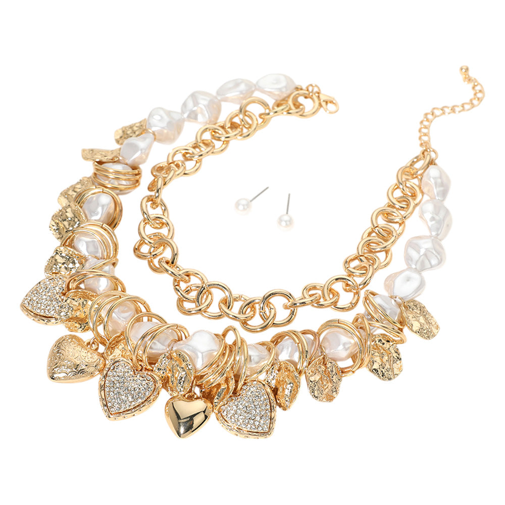 iLLASPARKZ Chunky Heart Charm Embellished Pearl Beaded Layered Necklace