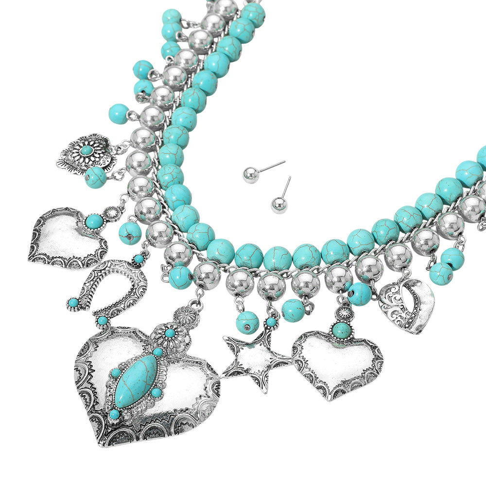 iLLASPARKZ Western Boho Turquoise Stone Embellished Heart Star Horseshoe Charm Station Statement Necklace