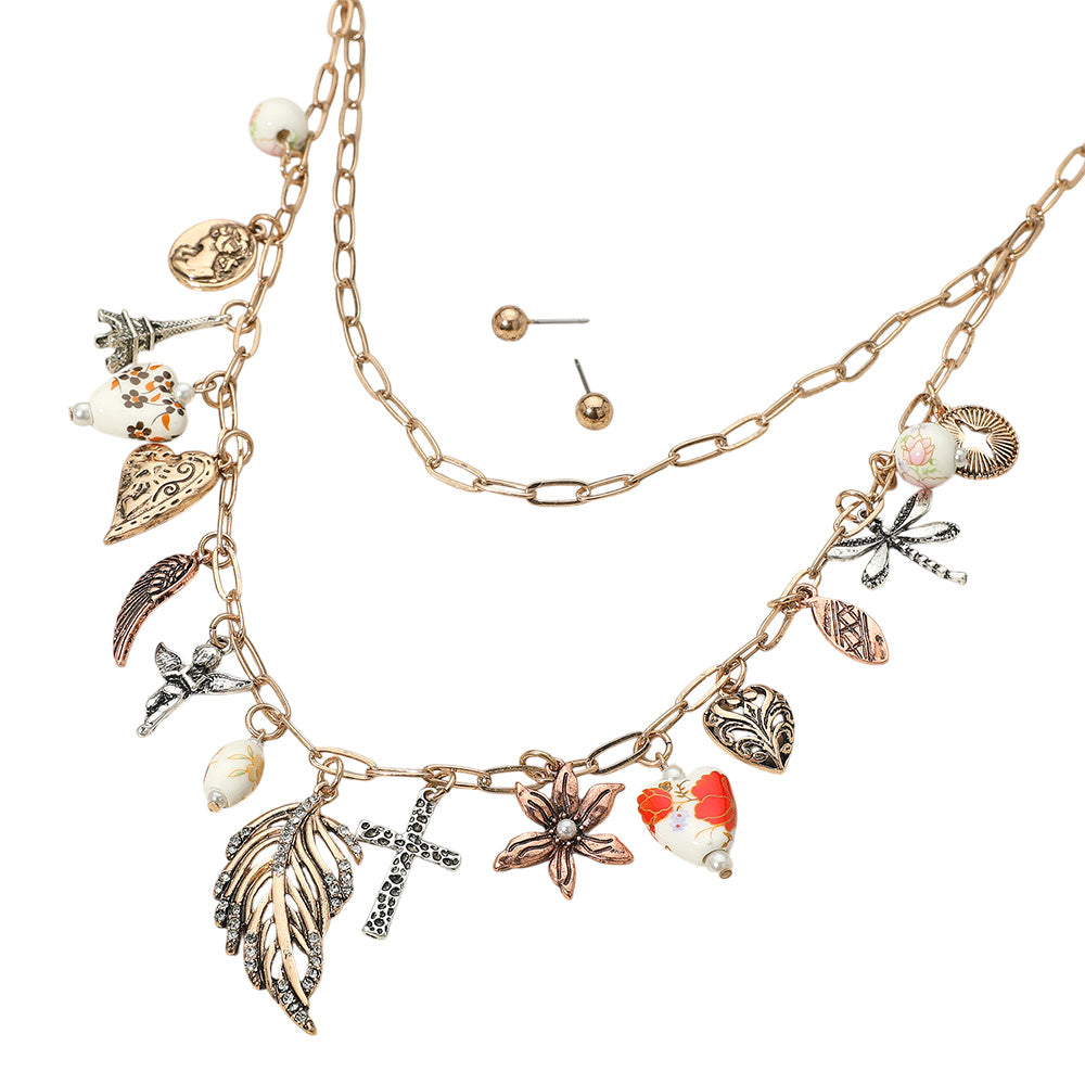 iLLASPARKZ Boho Leaf Angel Flower Cross Pearl Heart Star Dragonfly Horseshoe Pendant Station Layered Necklace