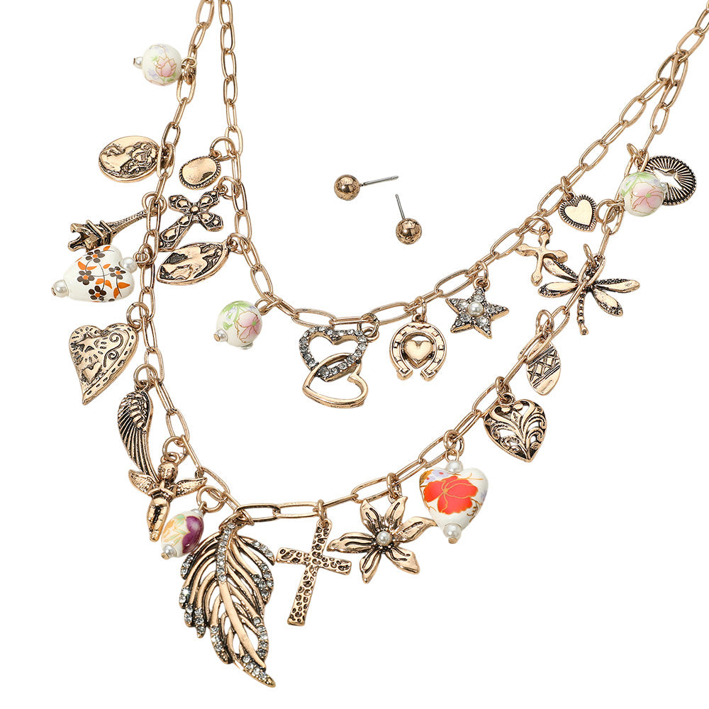 iLLASPARKZ Boho Leaf Angel Flower Cross Pearl Heart Star Dragonfly Horseshoe Pendant Station Layered Necklace
