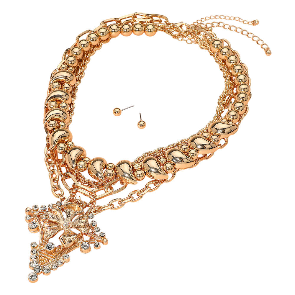 iLLASPARKZ 3PCS - Bold Rhinestone Embellished Flower Pendant Chunky Chain Layered Necklaces