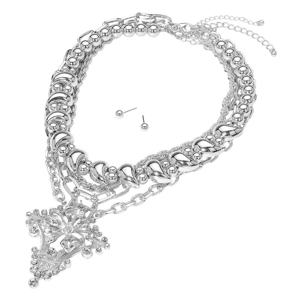 iLLASPARKZ 3PCS - Bold Rhinestone Embellished Flower Pendant Chunky Chain Layered Necklaces