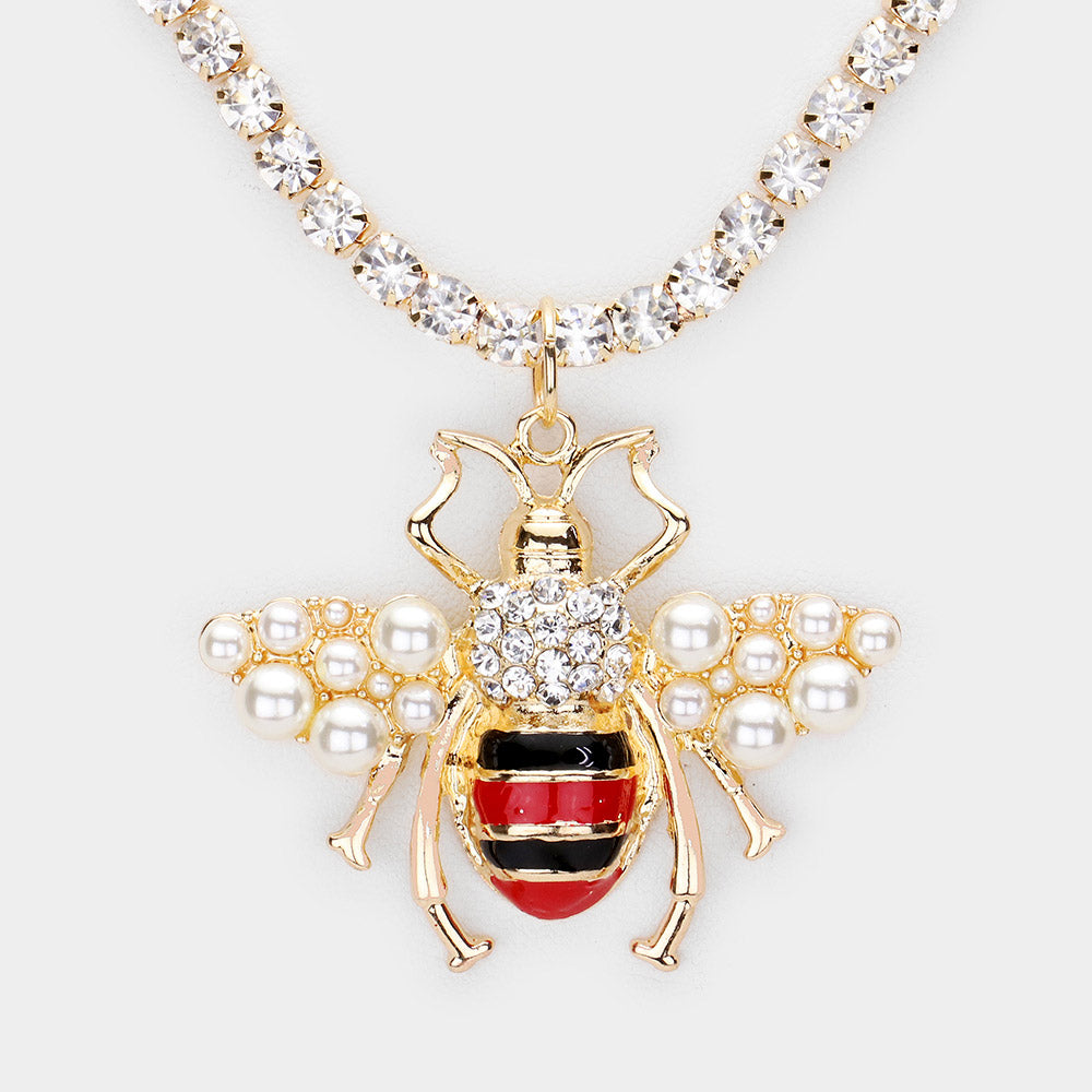 iLLASPARKZ Pearl Honey Bee Pendant Tennis Chain Necklace