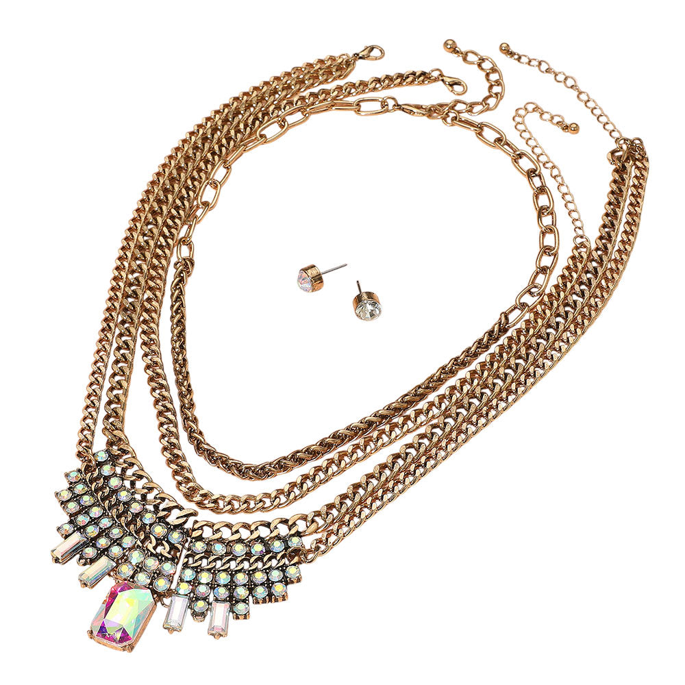 iLLASPARKZ 3PCS - Crystal Stone Cluster Embellished Plate Accent Chunky Chain Layered Necklaces