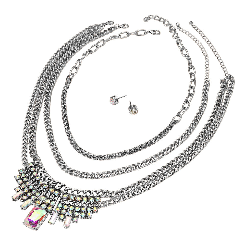 iLLASPARKZ 3PCS - Crystal Stone Cluster Embellished Plate Accent Chunky Chain Layered Necklaces
