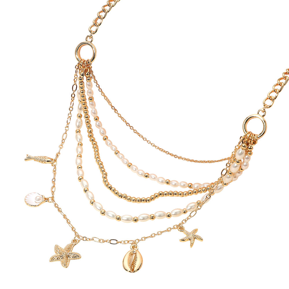 iLLASPARKZ Starfish Shell Charm Beaded Pearl Metal Ball Beaded Multi Layered Necklace