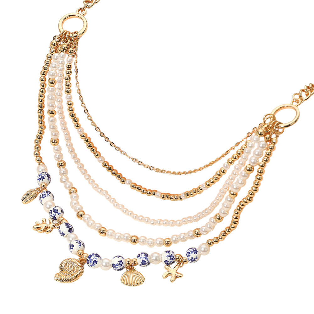 iLLASPARKZ Metal Swirl Conch Shell Starfish Charm Floral Ceramic Ball Pearl Beaded Multi Layered Necklace