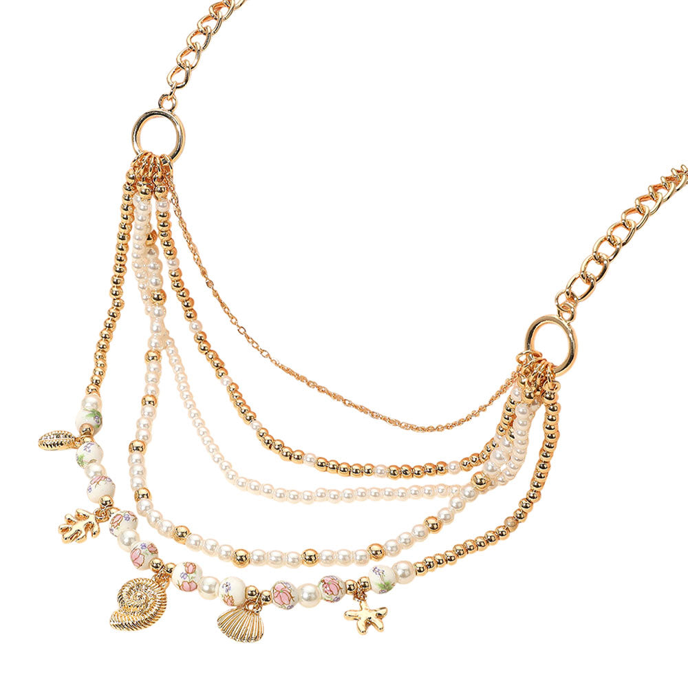 iLLASPARKZ Metal Swirl Conch Shell Starfish Charm Floral Ceramic Ball Pearl Beaded Multi Layered Necklace