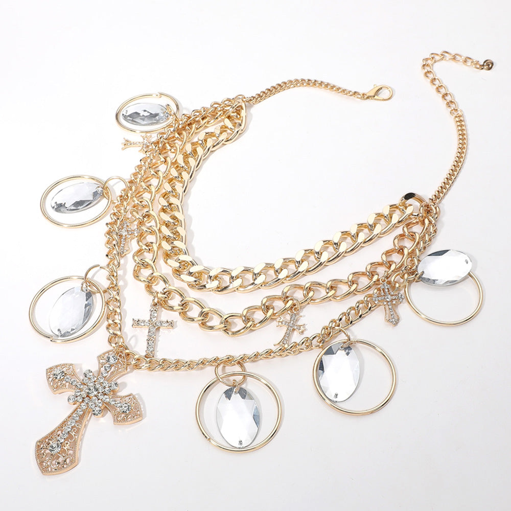 iLLASPARKZ Oval Faceted Stone Ring Stone Paved Cross Pendant Embellished Chunky Cuban Chain Layered Statement Necklace