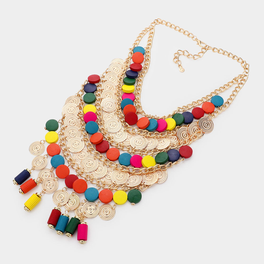 iLLASPARKZ Rainbow Round Wood Metal Disc Cluster Statement Necklace