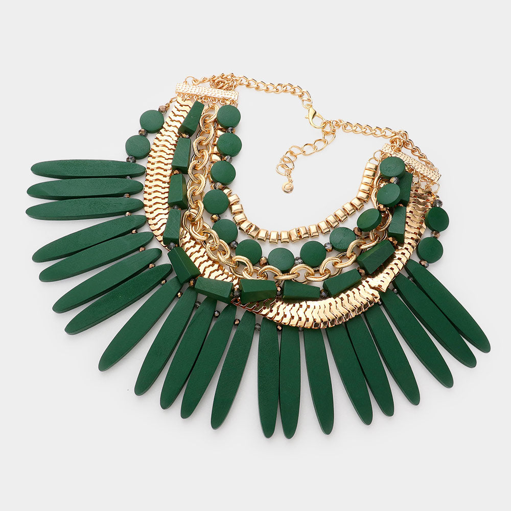 iLLASPARKZ Wooden Spike Accented Metal Chain Layered Bib Necklace