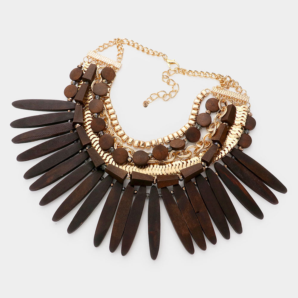 iLLASPARKZ Wooden Spike Accented Metal Chain Layered Bib Necklace