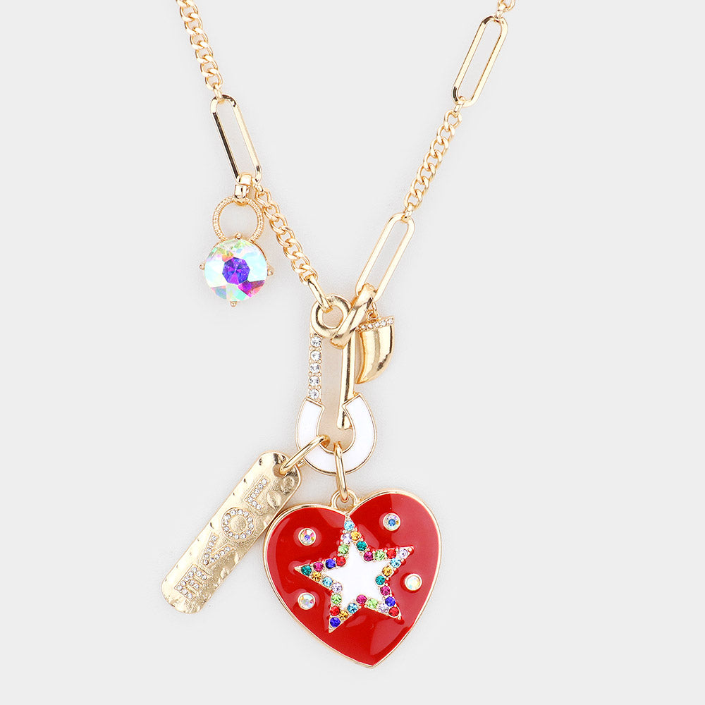 iLLASPARKZ Rhinestone Embellished Safety Pin LOVE Star Centered Enamel Heart Pendant Necklace