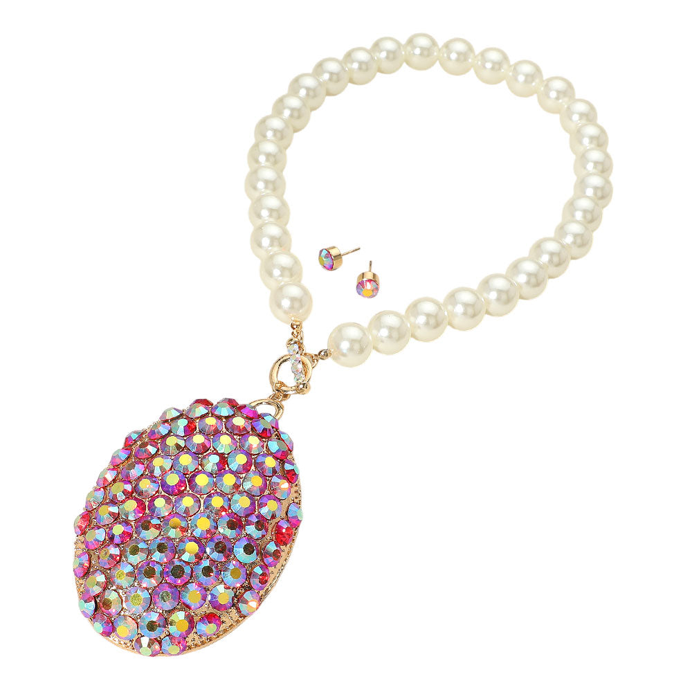 iLLASPARKZ Oversized Crystal Rhinestone Paved Oval Pendant Chunky Pearl Necklace