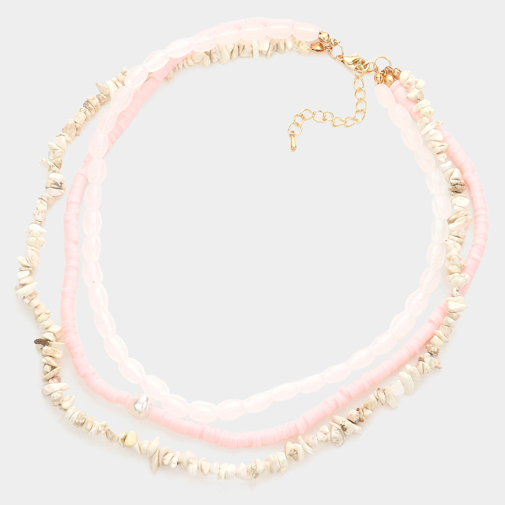 iLLASPARKZ Natural Stone Oval Heishi Beaded Triple Layered Necklace