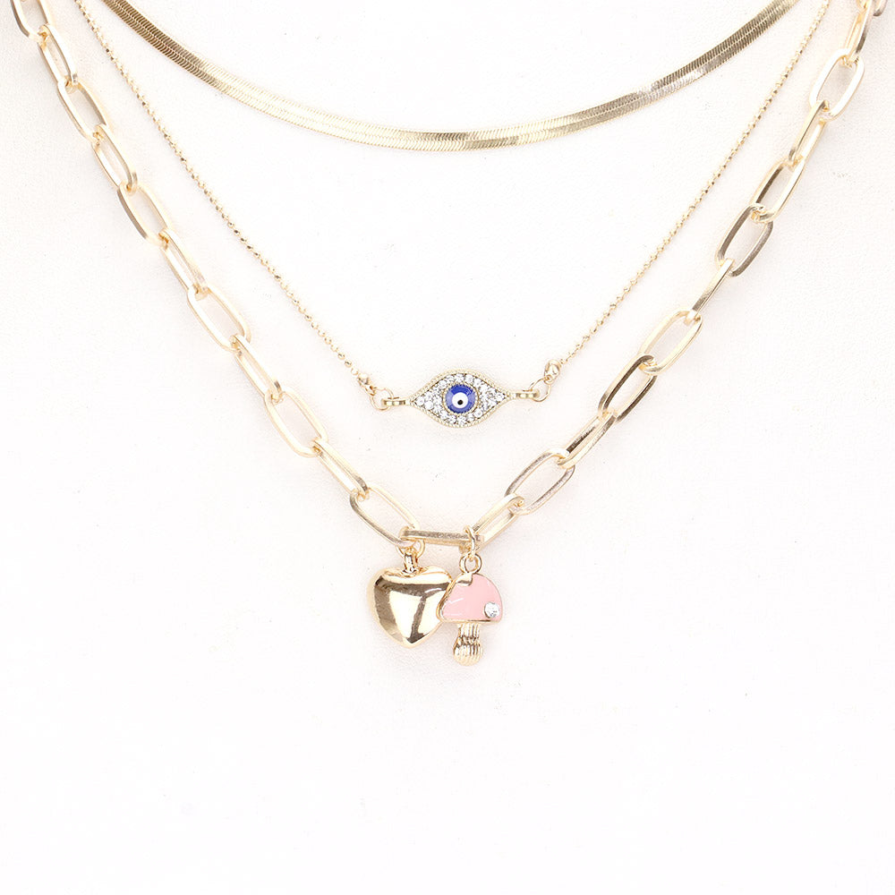 iLLASPARKZ Evil Eye Metal Heart Mushroom Pendant Triple Layered Necklace