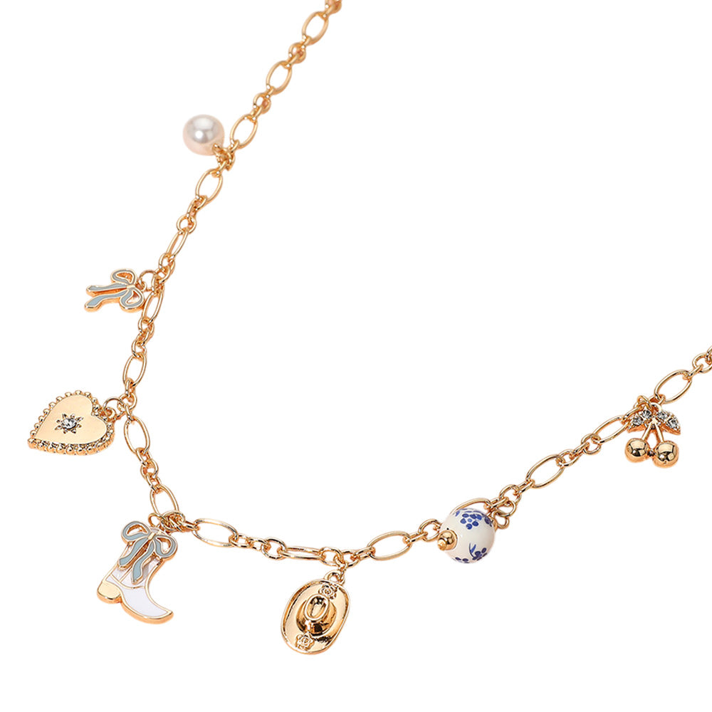 iLLASPARKZ Enamel Bow Western Cowboy Boot Hat Heart Ceramic Ball Pearl Cherry Charm Station Necklace