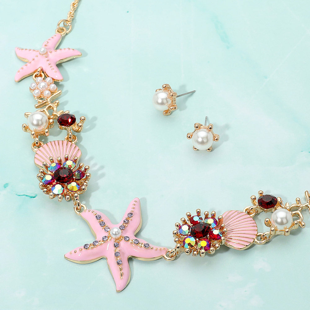 iLLASPARKZ Pearl Embellished Enamel Starfish Seashell Link Necklace