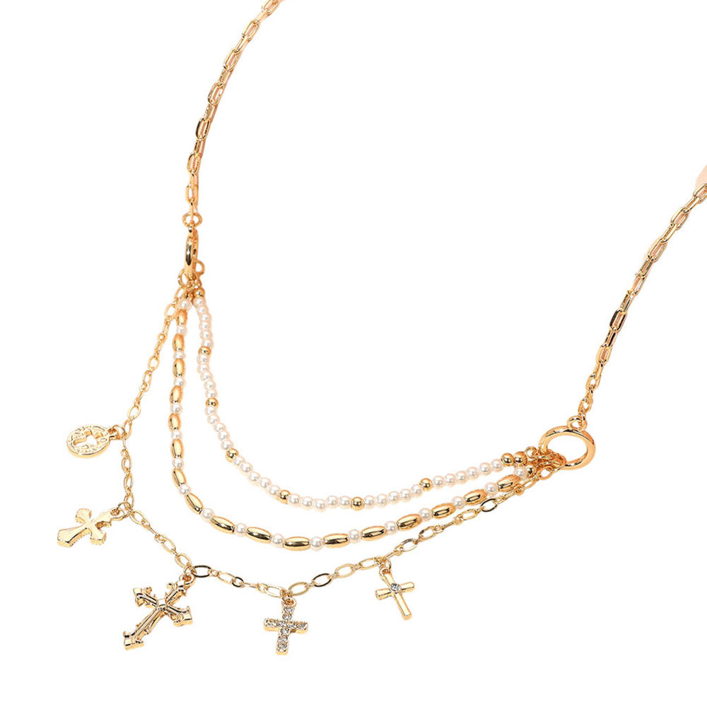iLLASPARKZ Cross Charm Metal Pearl Beaded Multi Layered Necklace