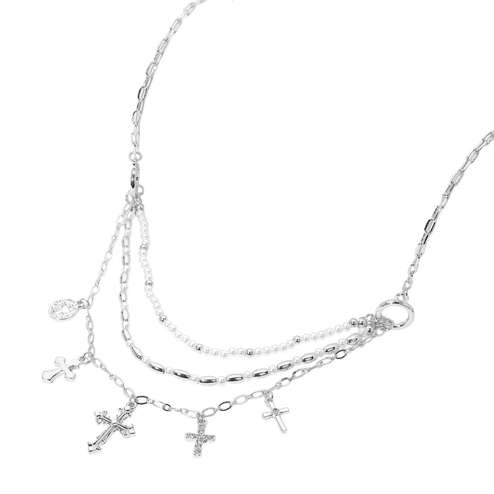 iLLASPARKZ Cross Charm Metal Pearl Beaded Multi Layered Necklace