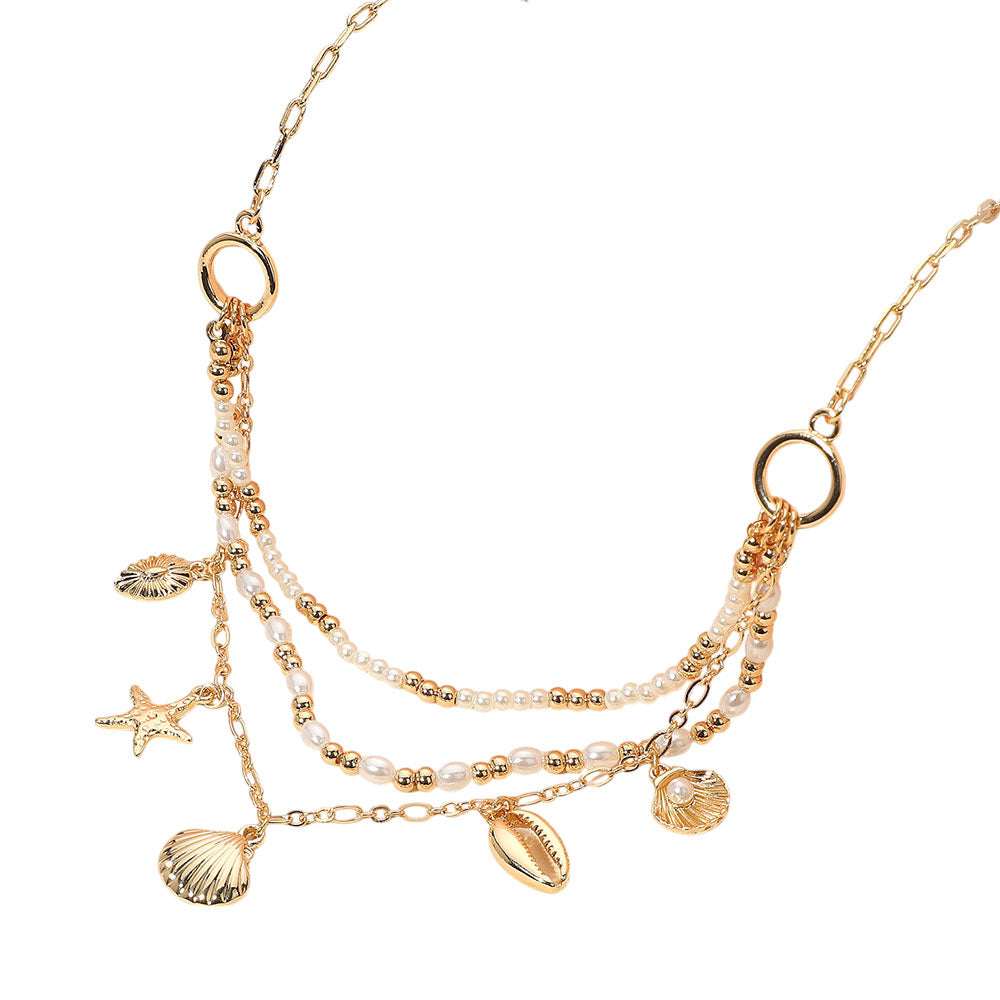 iLLASPARKZ Metal Conch Sea Shell Starfish Charm Pearl Beaded Multi Layered Necklace