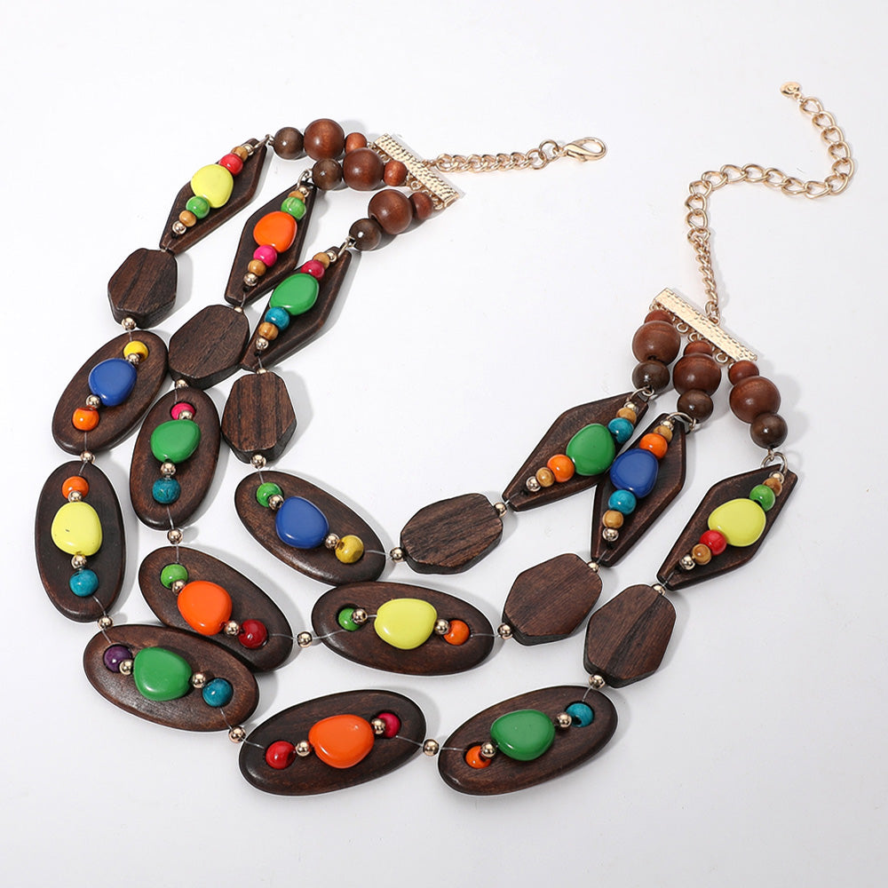 iLLASPARKZ Triple Layered Pebble Embellished Wooden Plate Bib Statement Necklace