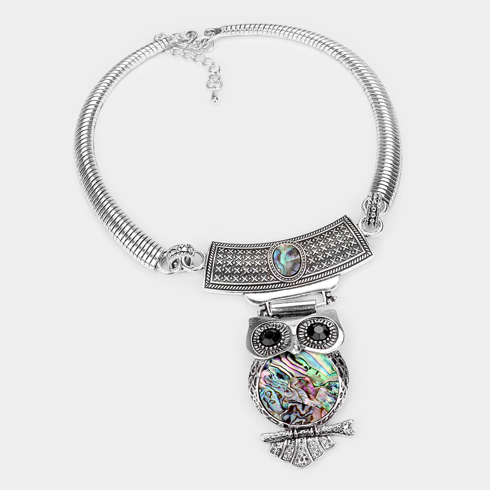 iLLASPARKZ Embossed Metal Owl Natural Stone Round Necklace