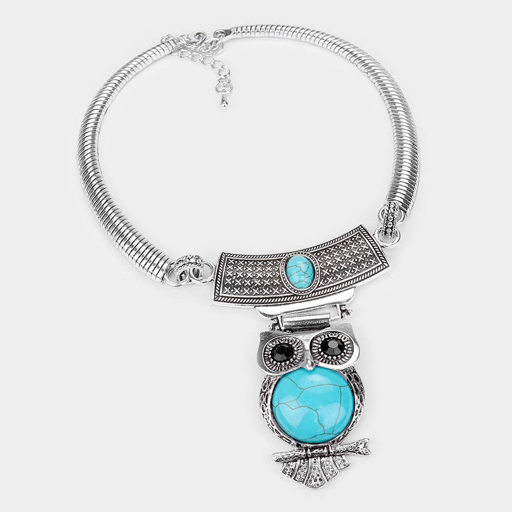 iLLASPARKZ Embossed Metal Owl Natural Stone Round Necklace