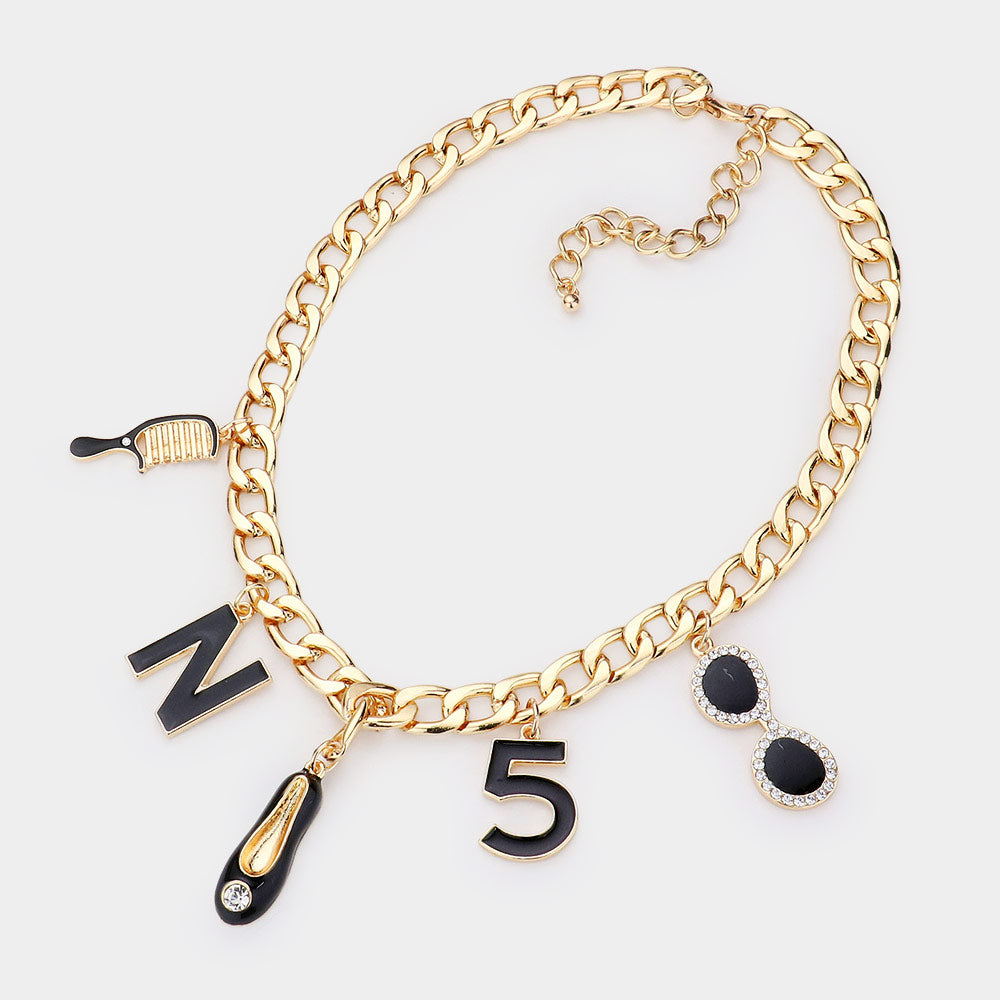 iLLASPARKZ Enamel Hair Brush N Monogram Flat Shoe No. 5 Sunglasses Pendant Station Necklace